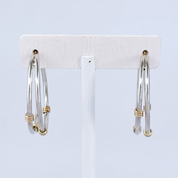 Vintage Sterling Silver 925 Double Shank Gold-Tone Wire Wrapped Hoop Earrings - Picture 4 of 9